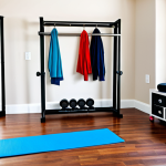 **Prompt:** A brightly lit, organized home exercise space. A yoga mat is neatly rolled out. Dumbbells and resistance bands are stored in a small storage unit. Natural light streams in. Focus on cleanliness and tranquility. Fully clothed, appropriate content, safe for work, perfect anatomy, natural proportions, professional photography, high quality.