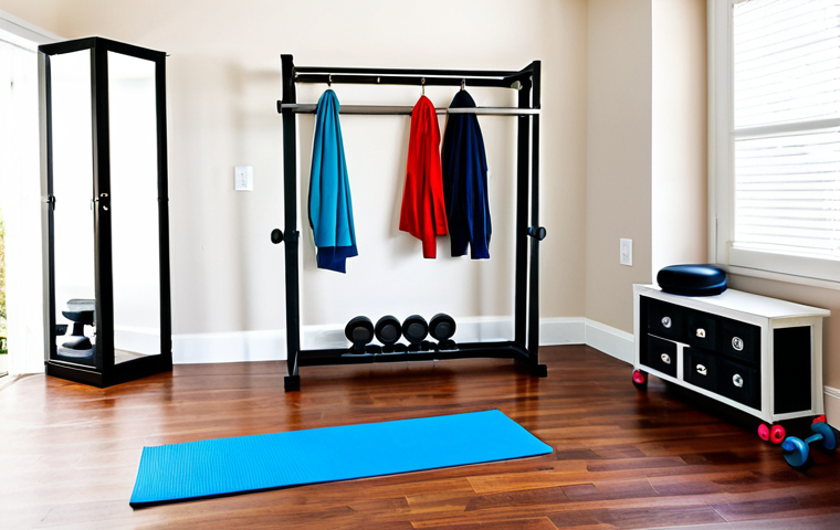 **Prompt:** A brightly lit, organized home exercise space. A yoga mat is neatly rolled out. Dumbbells and resistance bands are stored in a small storage unit. Natural light streams in. Focus on cleanliness and tranquility. Fully clothed, appropriate content, safe for work, perfect anatomy, natural proportions, professional photography, high quality.