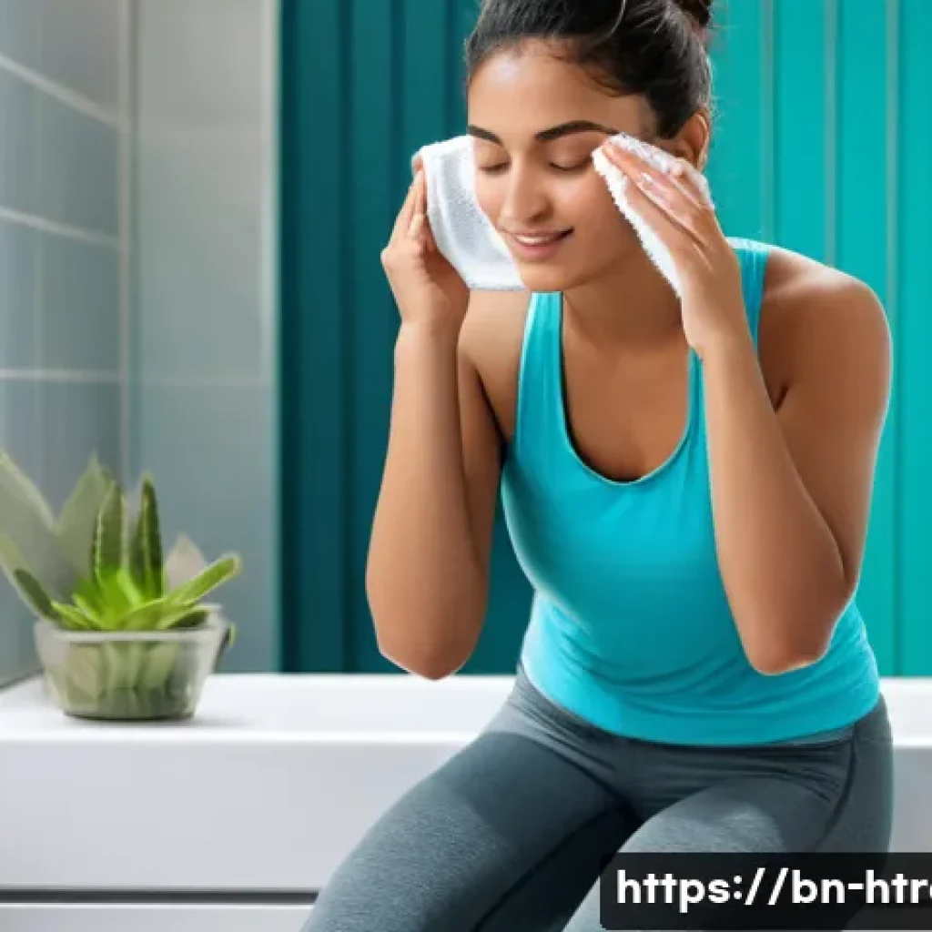 홈트 운동 후 피부관리 - A serene indoor scene showing a young Bengali woman post-workout, gently washing her face and body w...