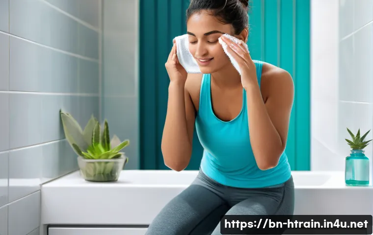 홈트 운동 후 피부관리 - A serene indoor scene showing a young Bengali woman post-workout, gently washing her face and body w...