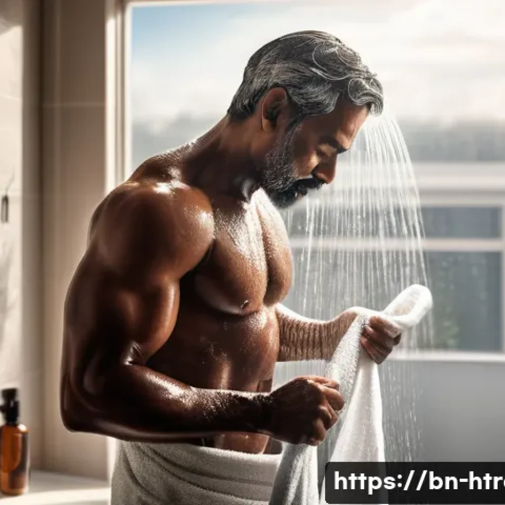 홈트 운동 후 근육통 완화법 - A serene bathroom scene featuring a middle-aged Bengali man taking a warm shower after exercise. The...