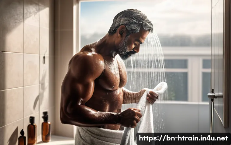 홈트 운동 후 근육통 완화법 - A serene bathroom scene featuring a middle-aged Bengali man taking a warm shower after exercise. The...