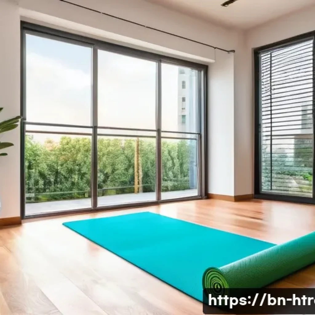 홈트 홈짐 꾸미기 - A cozy home gym corner bathed in natural sunlight from a nearby window, featuring medium-sized space...