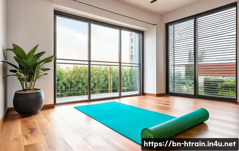 홈트 홈짐 꾸미기 - A cozy home gym corner bathed in natural sunlight from a nearby window, featuring medium-sized space...