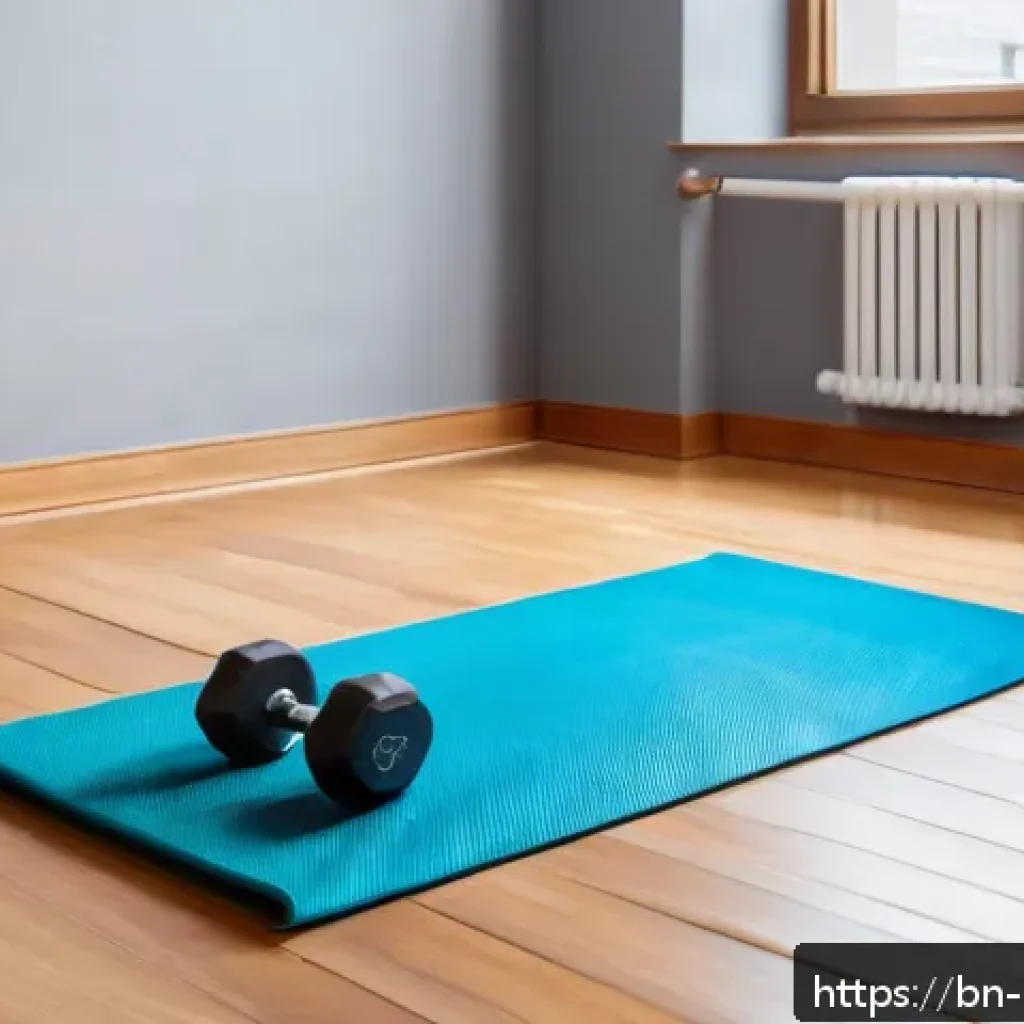 홈트 운동을 위한 전문가 조언 - A cozy, well-lit home fitness corner featuring a clean yoga mat laid out on a polished wooden floor,...