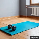 홈트 운동을 위한 전문가 조언 - A cozy, well-lit home fitness corner featuring a clean yoga mat laid out on a polished wooden floor,...