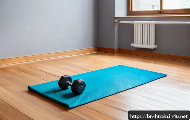 홈트 운동을 위한 전문가 조언 - A cozy, well-lit home fitness corner featuring a clean yoga mat laid out on a polished wooden floor,...