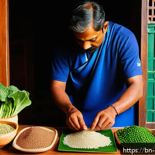 홈트 운동에 도움이 되는 비타민 - A vibrant and detailed illustration of a healthy Bengali man preparing for home exercise, focusing o...